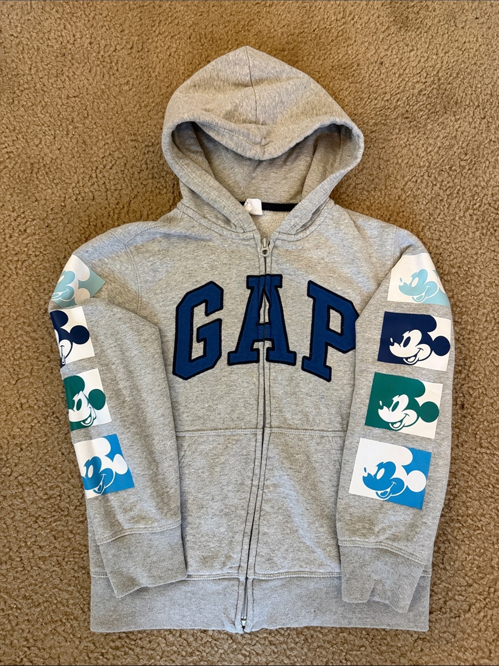 GAP x Disney Light Gray Hoodie with Blue Logo and Multicolor Mickey Panels